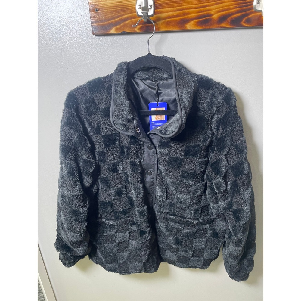 Chouyatou Womens Black Checkered Faux Fur Snap Front Jacket Stand Collar Size M
